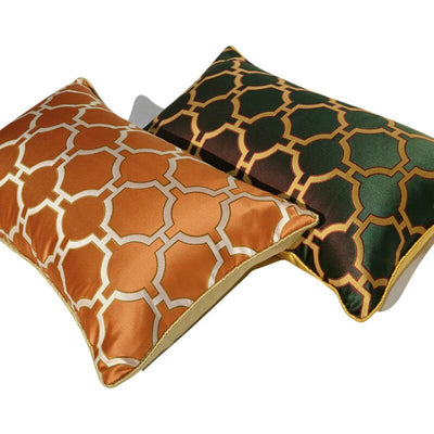 Luxury Silky Jacquard Lattice Geometric Print Orange Green Lumbar  Rectangular Cushion Cover- Geometric Collection