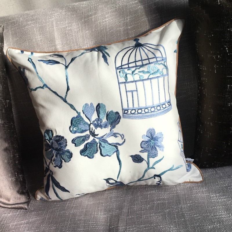 Bird Cage Print Blue White Embroidered Cushion Cover - Botanical Collection