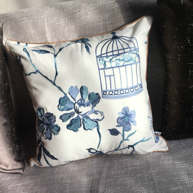 Bird Cage Print Blue White Embroidered Cushion Cover - Botanical Collection