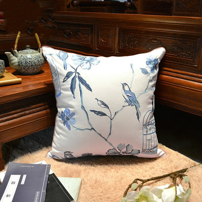 Bird Cage Print Blue White Embroidered Cushion Cover - Botanical Collection