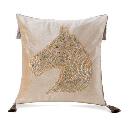Cream Beige Velvet Beaded Embellished Horse Head Gold Silver Equestrian Style Tassle Cushion Cover - Equestrian Collection