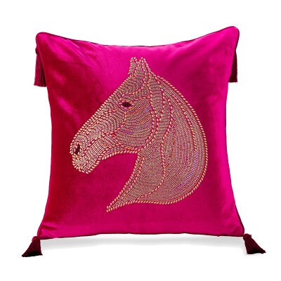 Pink Velvet Beaded  Embellished Horse Head Gold Silver Tassle Equestrian Style Cushion Cover - Equestrian Collection