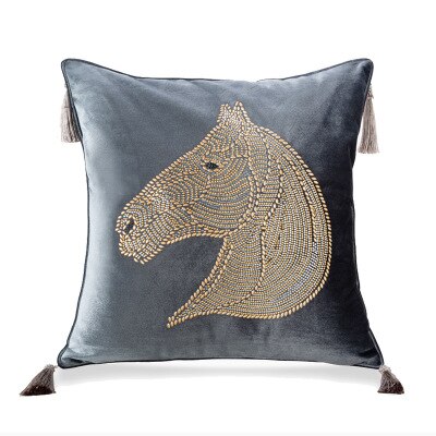 Grey Velvet Beaded Embellished Horse Head Gold Silver Tassle Equestrian Style Cushion Cover - Equestrian Collection