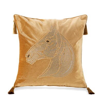 Gold Velvet Beaded  Embellished Horse Head Gold Silver Tassle Equestrian Style Cushion Cover - Equestrian Collection