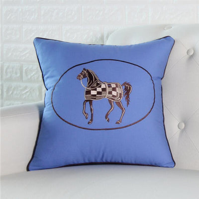 Blue Black Monochrome Horse Embroidered Piped Edge Equestrian Style Cushion Cover - Equestrian Collection