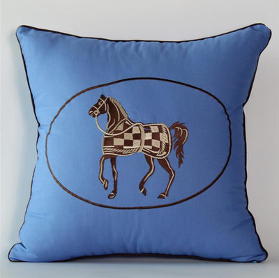 Blue Black Monochrome Horse Embroidered Piped Edge Equestrian Style Cushion Cover - Equestrian Collection