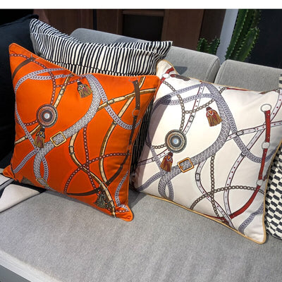 White Grey Orange Chain Print Equestrian Style Luxury Cushion Cover - Equestrian Collection