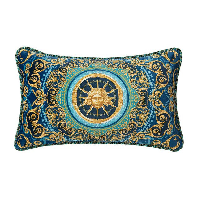Blue Gold Velvet Italian Design Vintage Ornate Lumbar Rectangular Cushion Cover  - Royal Collection