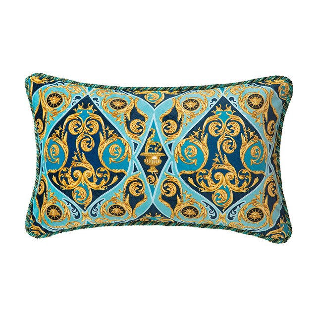 Blue Gold Velvet Italian Design Vintage Ornate Lumbar Rectangular Cushion Cover - Royal Collection