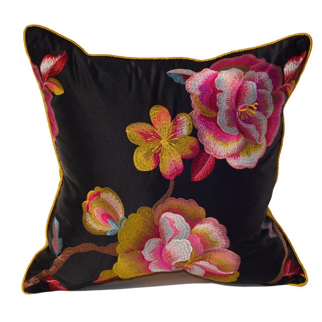 Luxury Oriental Print Floral Embroidered Black Prink Cushion Cover - Botanical Collection