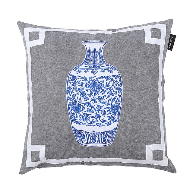Porcelian Print Ginger Jar Blue White Grey Cushion Cover - Botanical Collection
