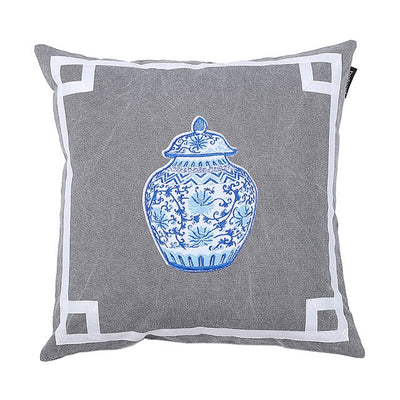 Porcelian Print Ginger Jar Blue White Grey Cushion Cover - Botanical Collection