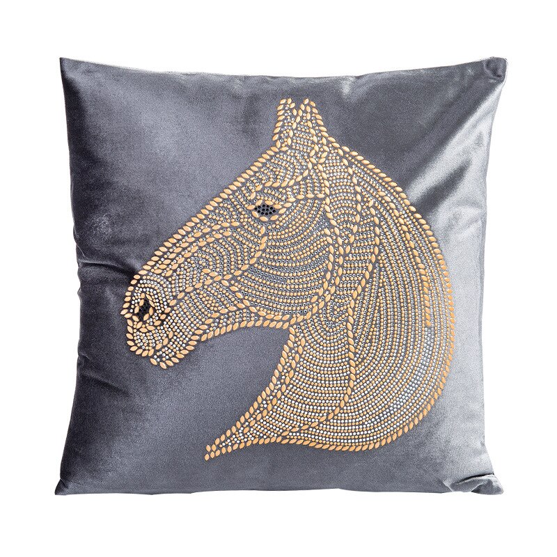 Grey Velvet Beaded Embellished Horse Head Gold Silver Grey Equestrian Style Cushion Cover - Equestrian Collection