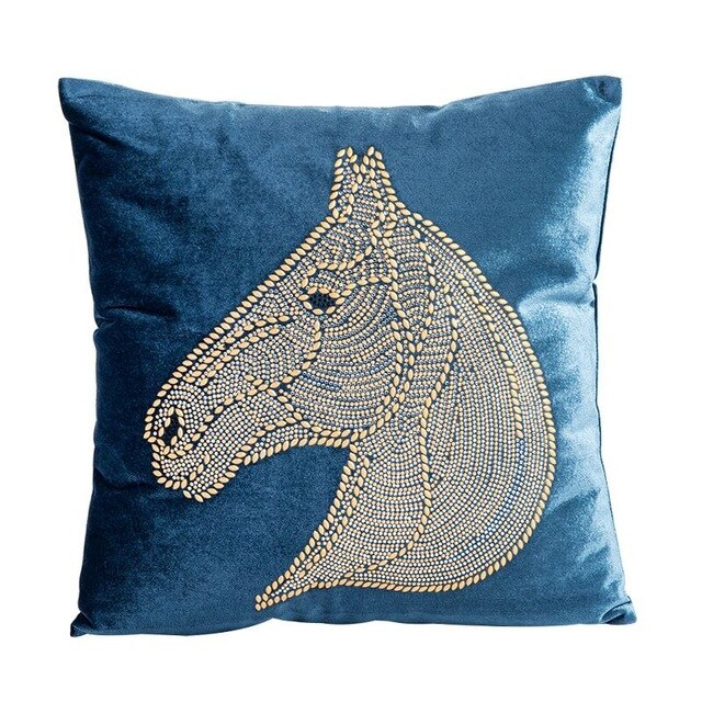 Teal Blue Velvet Beaded Embellished Horse Head Gold Silver Equestrian Style Cushion Cover - Equestrian Collection