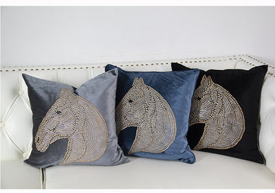 Teal Blue Velvet Beaded Embellished Horse Head Gold Silver Equestrian Style Cushion Cover - Equestrian Collection