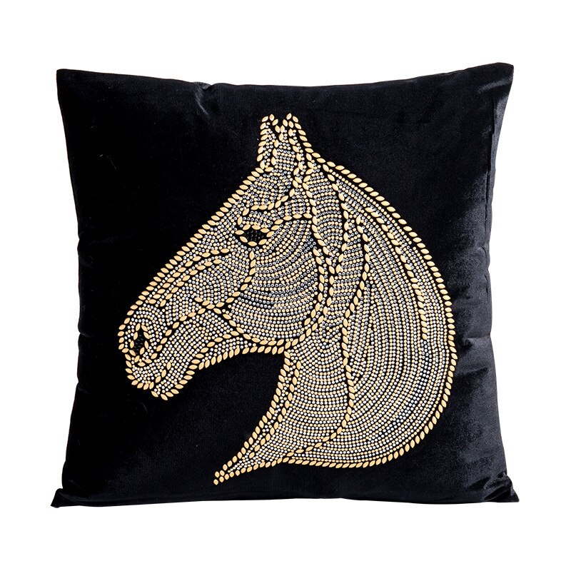 Black Velvet Beaded Embellished Horse Head Gold Silver Equestrian Style Cushion Cover  - Equestrian Collection