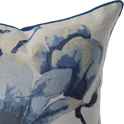 Luxury Oriental Art Satin Jacquard Magnolia Flower Blue Grey Neutral Cushion Cover - Botanical Collection