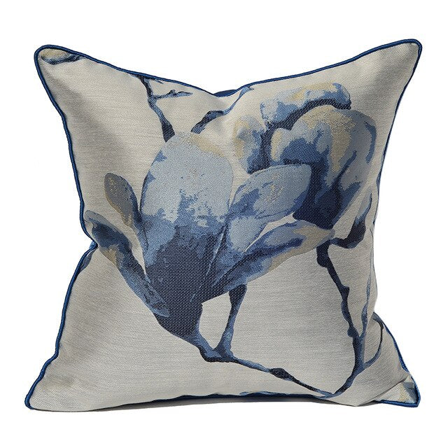 Luxury Oriental Art Satin Jacquard Magnolia Flower Blue Grey Neutral Cushion Cover - Botanical Collection