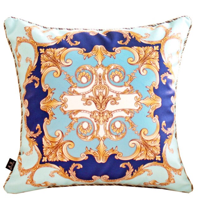 Velvet Baroque Blue Navy Turquoise Gold White Ornate Design Cushion Cover - Baroque Collection