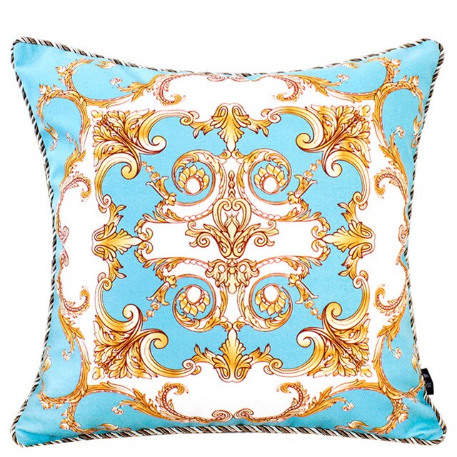 Velvet Baroque Print Turquoise Light Blue White Gold Ornate Design Cushion Cover - Baroque Collection