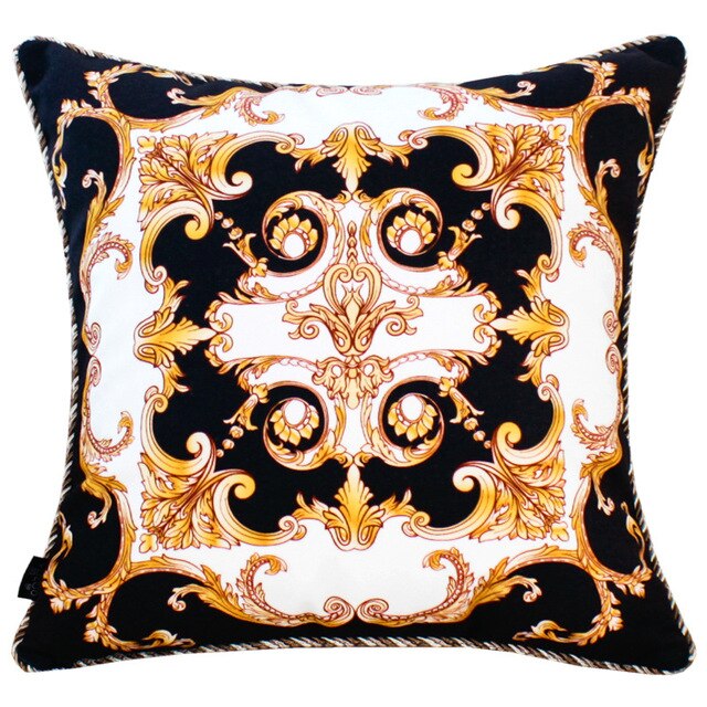 Velvet Baroque Print Black White Gold Ornate Design Cushion Cover - Baroque Collection