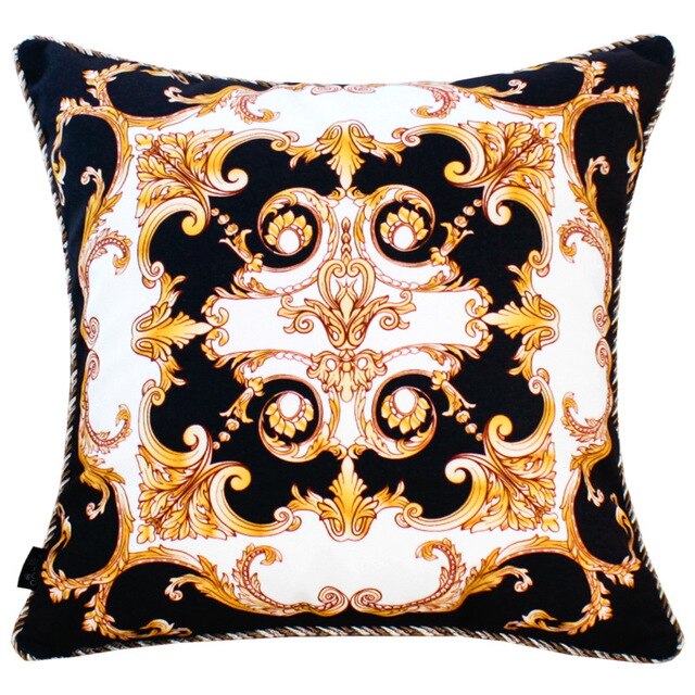 Velvet Baroque Print Black White Gold Ornate Design Cushion Cover - Baroque Collection