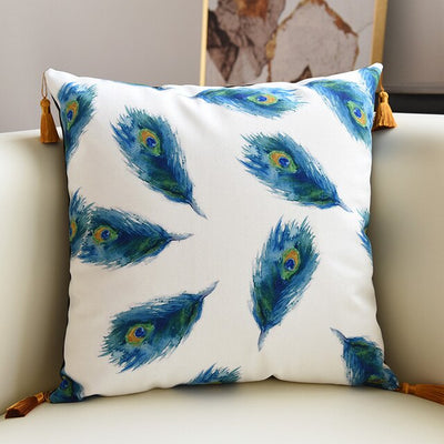 White Blue Peacock Feather Print Luxury Tassle Cushion Cover - Botanical Collection