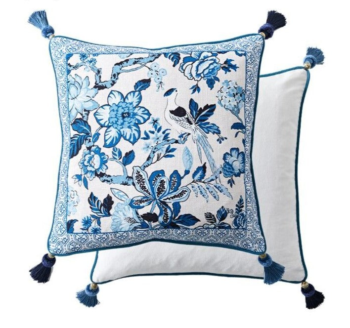 Porcelain Print Floral Blue White Chinese Botanical Style Luxury Tassle Cushion Cover -Botanical Collection