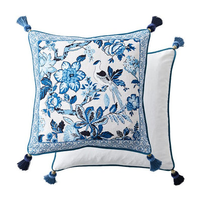 Porcelain Print Floral Blue White Chinese Botanical Style Luxury Tassle Cushion Cover -Botanical Collection
