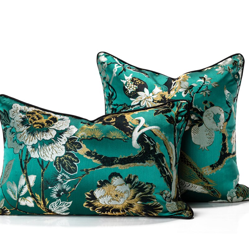 Luxury Green Jacquard Oriental Print Floral Bird Embroidered  Piped Cushion Cover - Botanical Collection