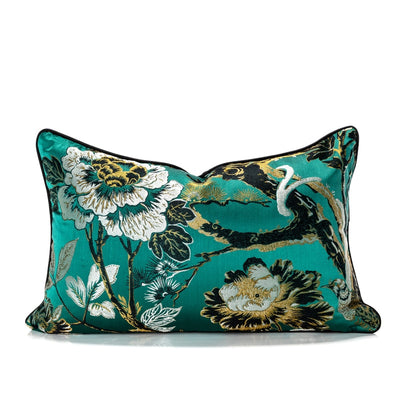Luxury Green Jacquard Oriental Print Floral Bird Embroidered  Piped Cushion Cover - Botanical Collection