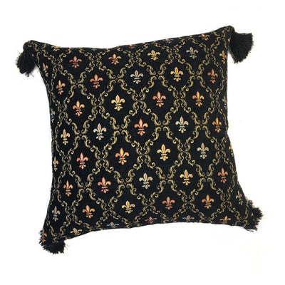 Fleur De Lys Black Velvet Tassle Embroidered Cushion Cover - Royal Collection