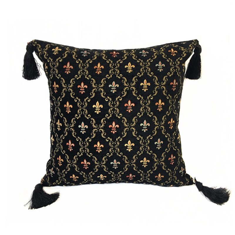 Fleur De Lys Black Velvet Tassle Embroidered Cushion Cover - Royal Collection