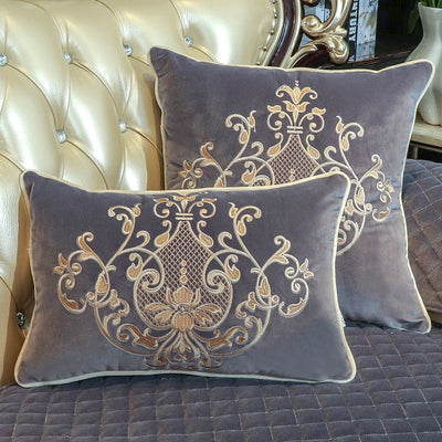 Grey Velvet Gold Ornate Embroidered Piped Cushion Cover - Royal Collection
