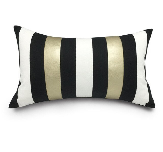 Black White Gold Stripe Cushion Cover