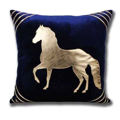 Navy Blue Velvet Gold Horse Pattern Luxury Cushion Cover - Equestrian Collection