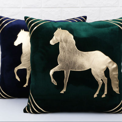 Emerald Forest Green Velvet Gold Horse Print Embroidered Luxury Cushion Cover - Equestrian Collection