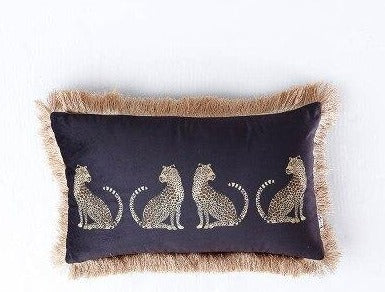 Black Velvet Leopard Print Gold Fringe Lumbar Cushion Cover - Animal Collection