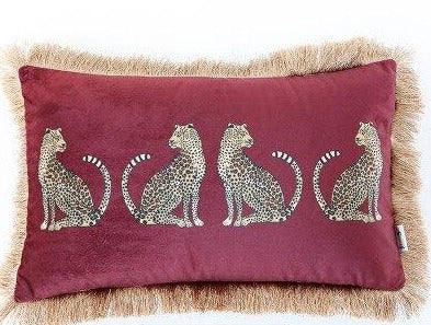 Red Velvet Animal Leopard Print Gold Fringe Lumbar Rectangular Cushion Cover - Animal Collection