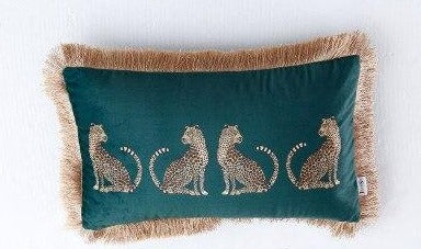Emerald Green Leopard Gold Fringe Lumbar Cushion Cover