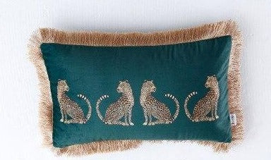 Emerald Green Velvet Leopard Print Gold Fringe Tassel Lumbar Luxury Cushion Cover - Animal Collection