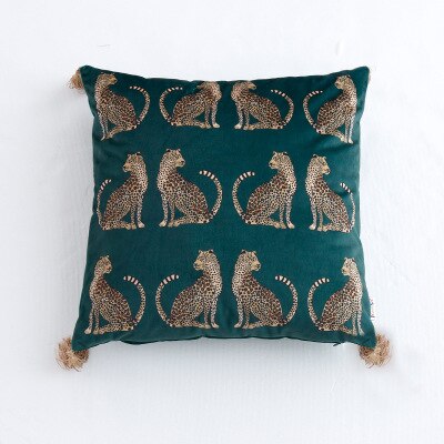 Emerald Green Velvet Leopard Animal Print Gold Tassle Cushion Cover - Animal collection