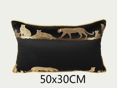 Black Gold Leopard Animal Print Silky Jacquard Luxury Cushion Cover - Animal Collection