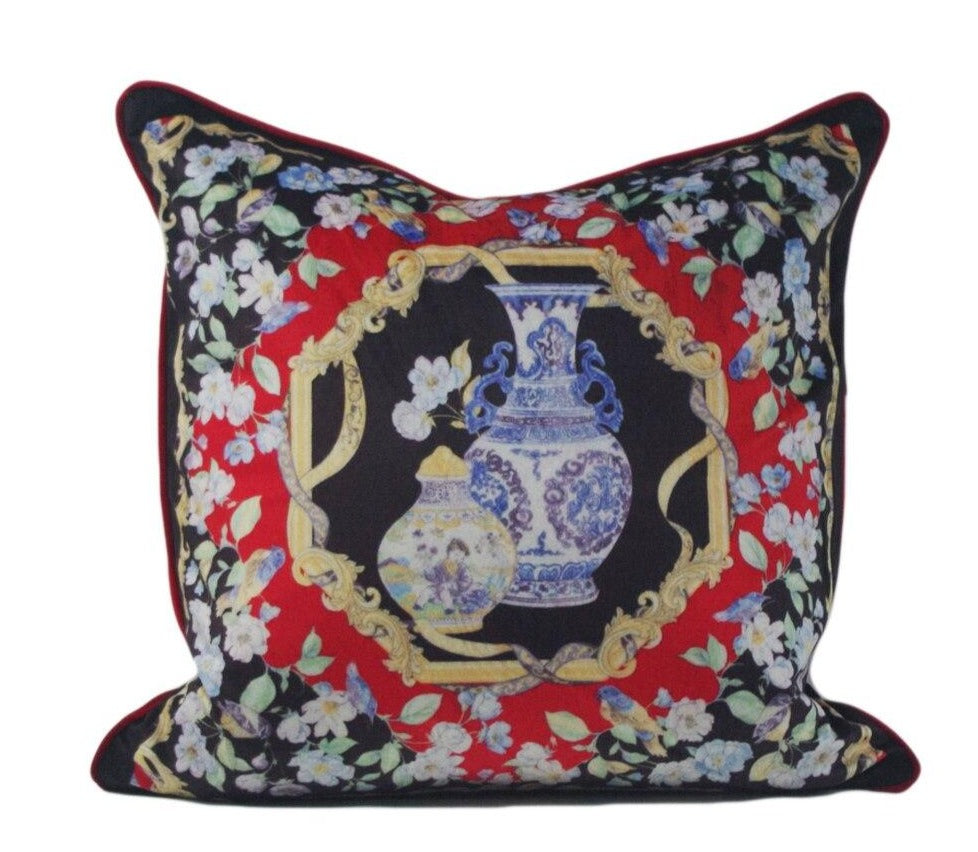 Ginger Jar Traditional Print Ornate Velvet Black Blue Red Luxury Cushion Cover - Royal Collection