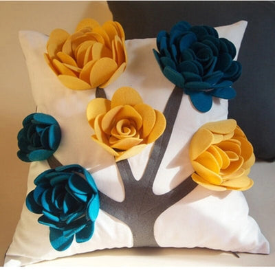 Funky Felt Flower 3D Yellow Blue White Tree Design Cushion Cover - Botanical Collection