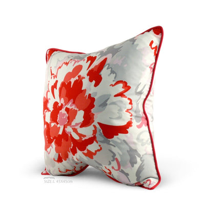 Luxury Silk Floral Flower Art Print Red Grey Piped Cushion - Botanical Collection