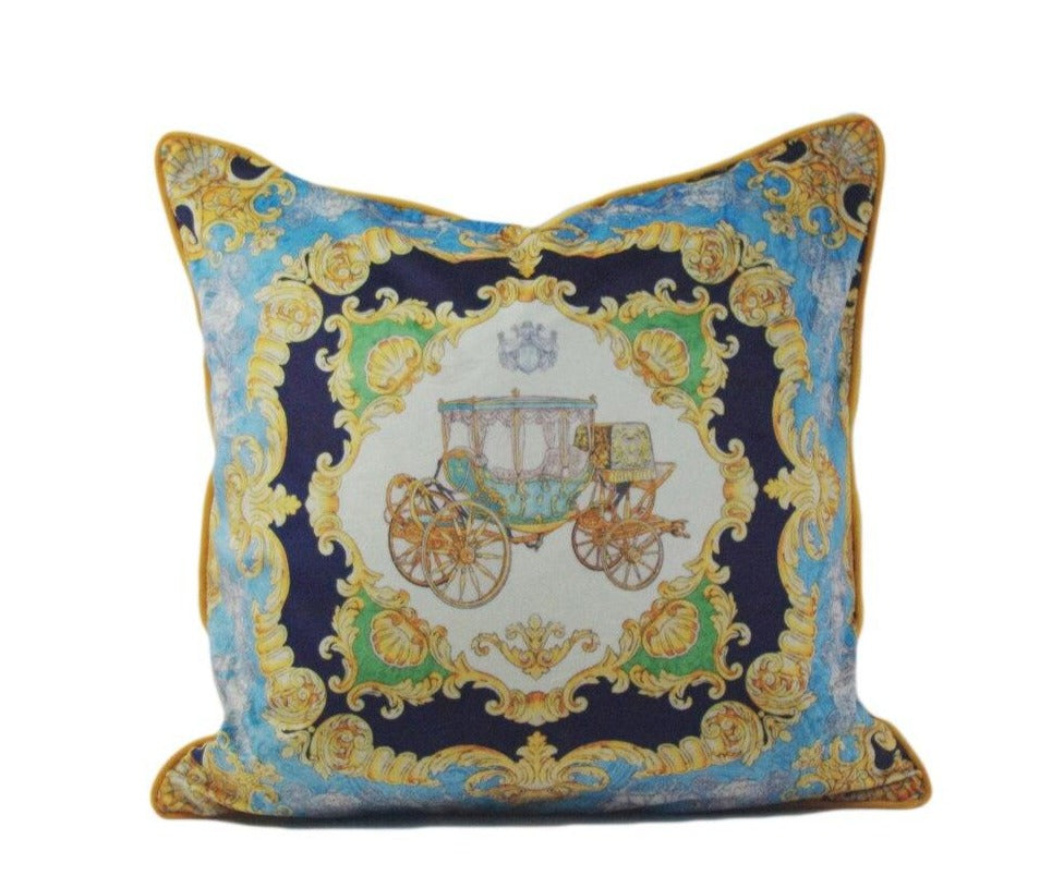 Royal Print Carriage Ornate Blue Golden Velvet Cushion Cover - Royal Collection