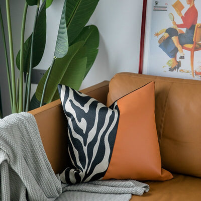 Orange Black White Zebra Print Modern PU Cushion Cover - Animal Collection