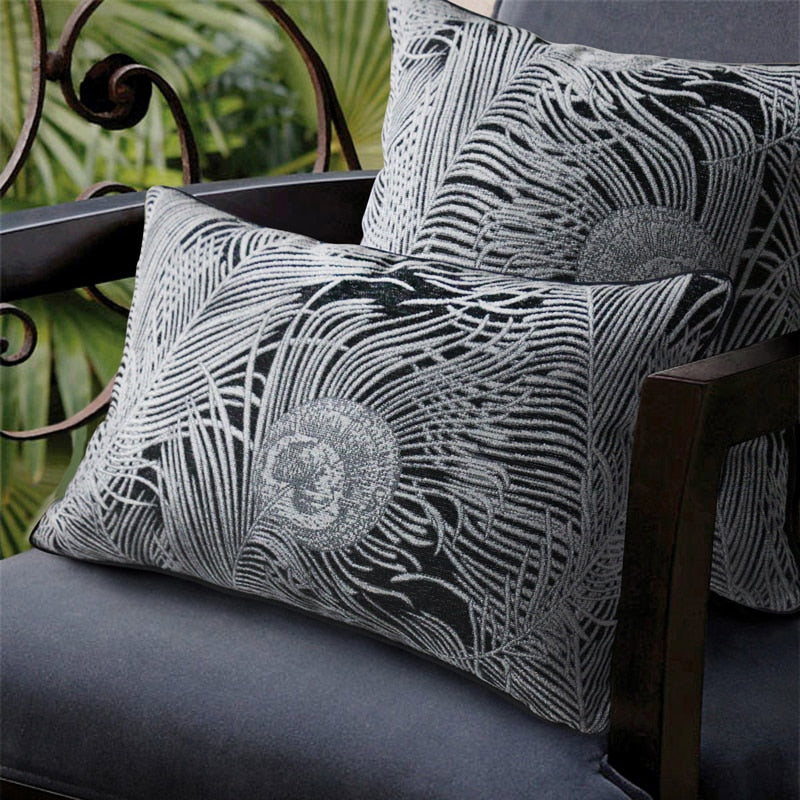 Black Grey Peacock Herra Feather Print Jacquard Luxury Cushion Cover - Botanical Collection